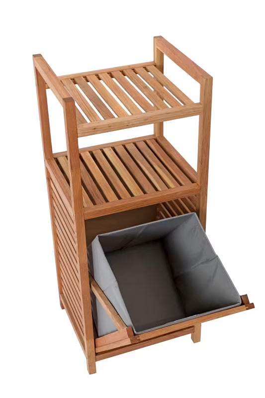 Stojący kosz na pranie Naturel Home w dekorze orzecha, z matowym wykończeniem i wyjmowaną szarą tekstylną wkładką.