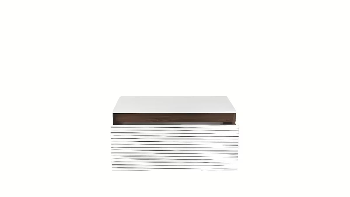 Wisząca szafka łazienkowa Naturel Monza w dekorze orzecha z białym ryflowanym frontem i blatem SolidSurface.