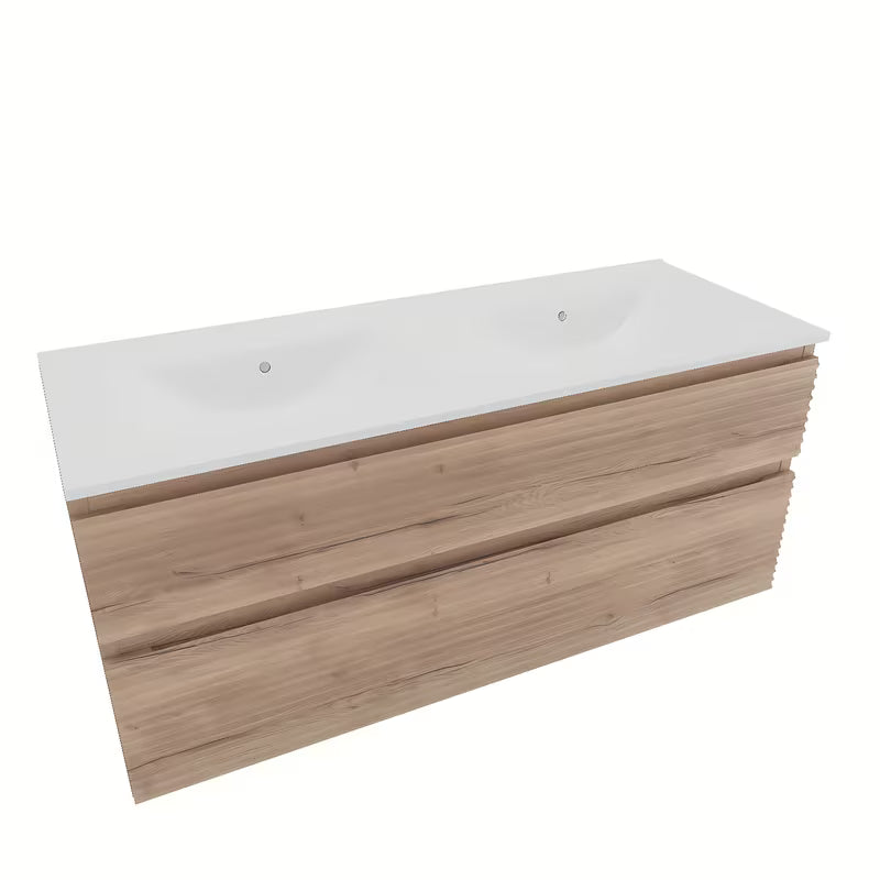 Wisząca szafka łazienkowa Naturel Savona z ceramiczną umywalką podwójną w dekorze dąb Halifax.