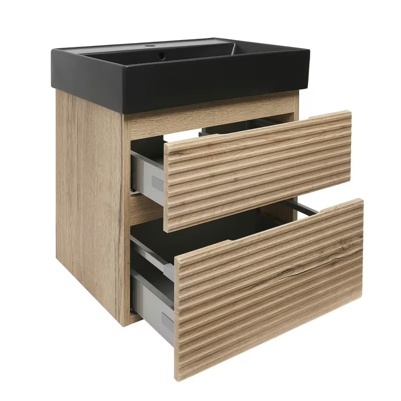 Wisząca szafka łazienkowa Naturel Savona z umywalką ceramiczną w dekorze dębu halifax