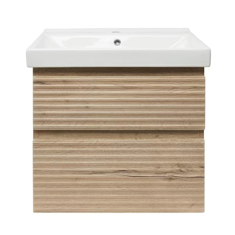 Wisząca szafka łazienkowa Naturel Savona z ceramiczną umywalką w dekorze dąb halifax mat