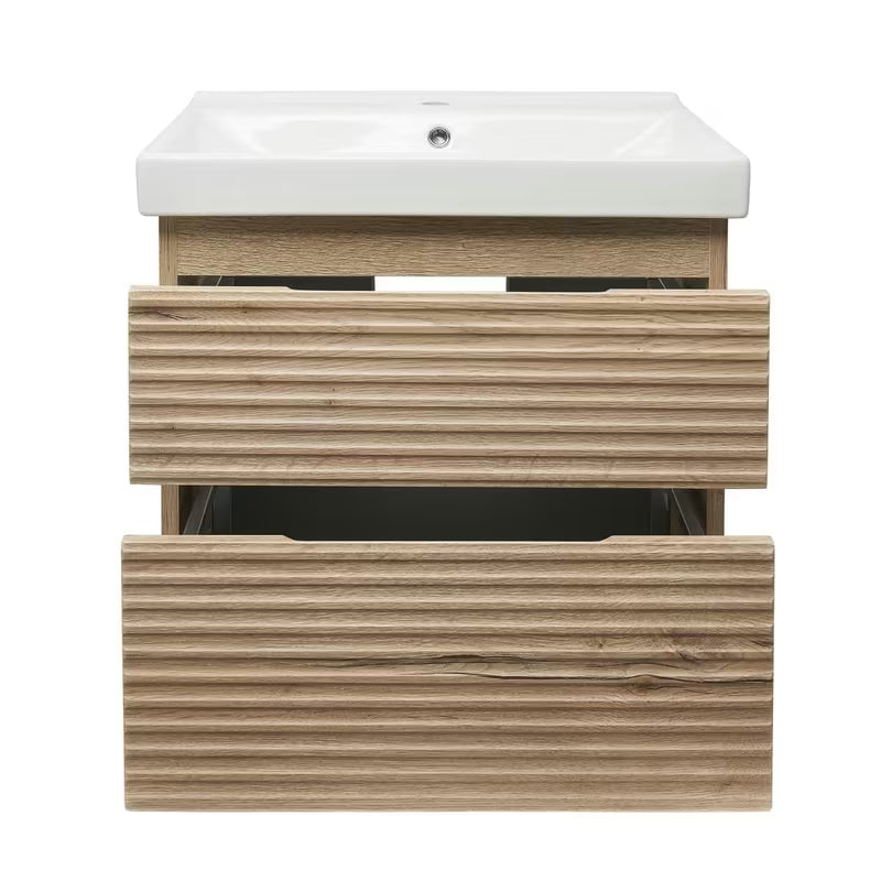 Wisząca szafka łazienkowa Naturel Savona z ceramiczną umywalką w dekorze dąb halifax mat