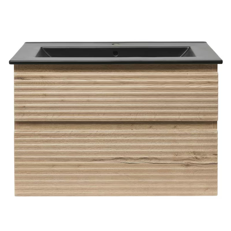 Wisząca szafka łazienkowa Naturel Savona z umywalką ceramiczną w dekorze dąb halifax i dwiema szufladami.