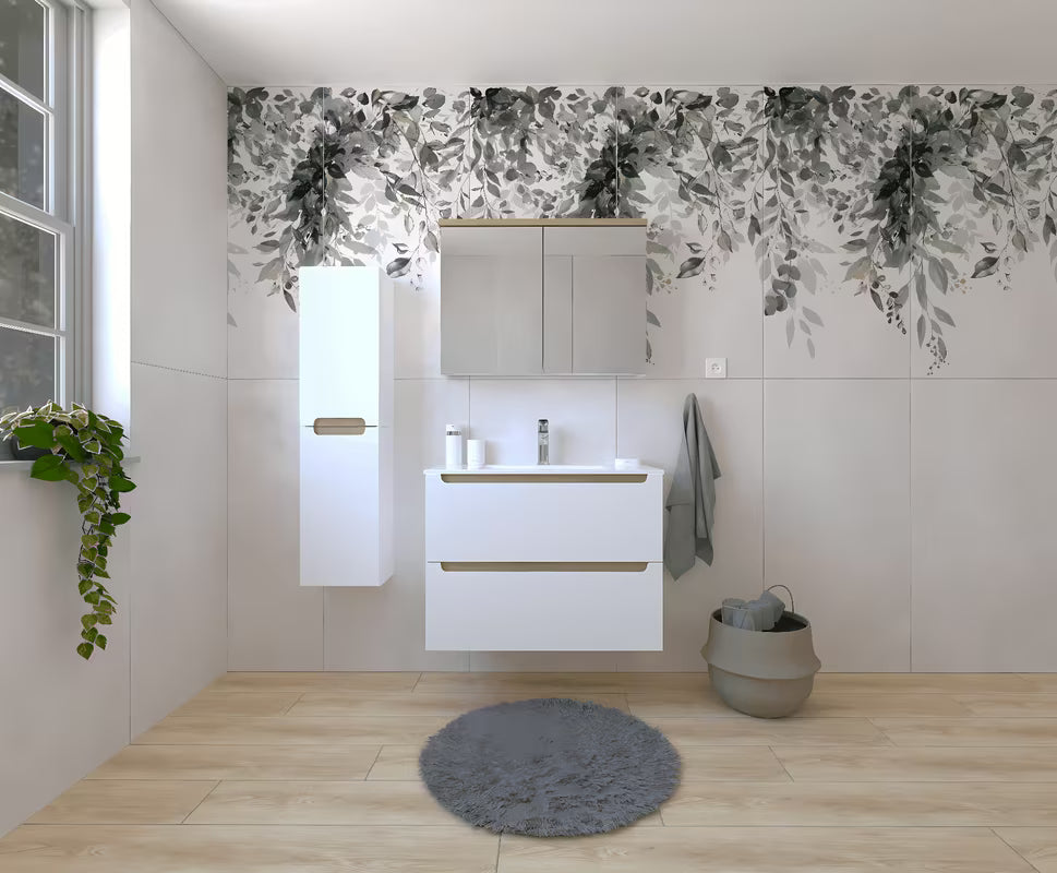 Zestaw mebli Łazienkowych Naturel Stilla w białym połysku z szafką wiszącą, umywalką i szafką z lustrem.