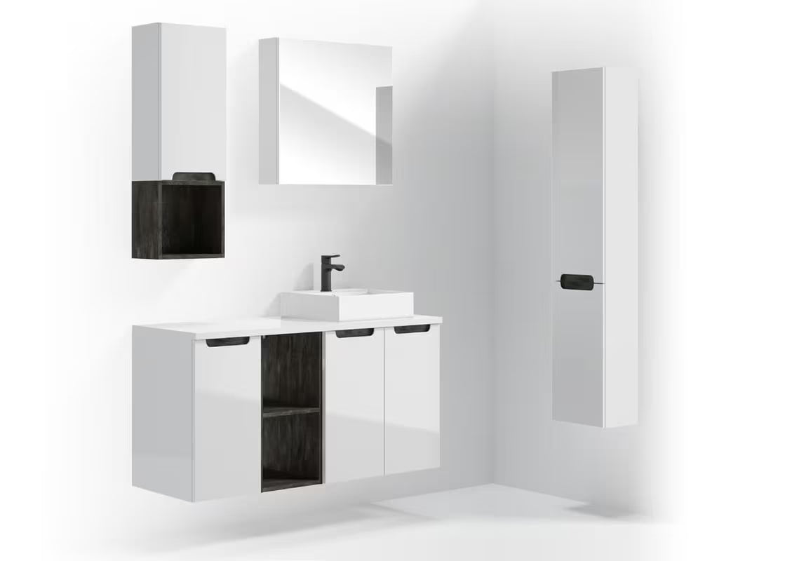 Biała wisząca szafka łazienkowa Naturel Stilla z umywalką ceramiczną Modena M6046