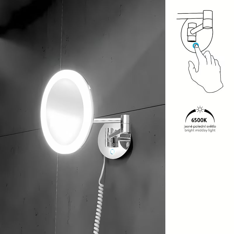 LED lusterko kosmetyczne Nimco w wykończeniu chrom z 5× powiększeniem i dotykowym podświetlanym włącznikiem.