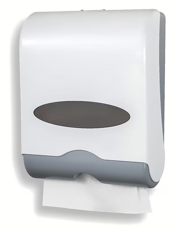 Biały zamykany ścienny pojemnik ręczników papierowych Novaservis z tworzywa sztucznego.