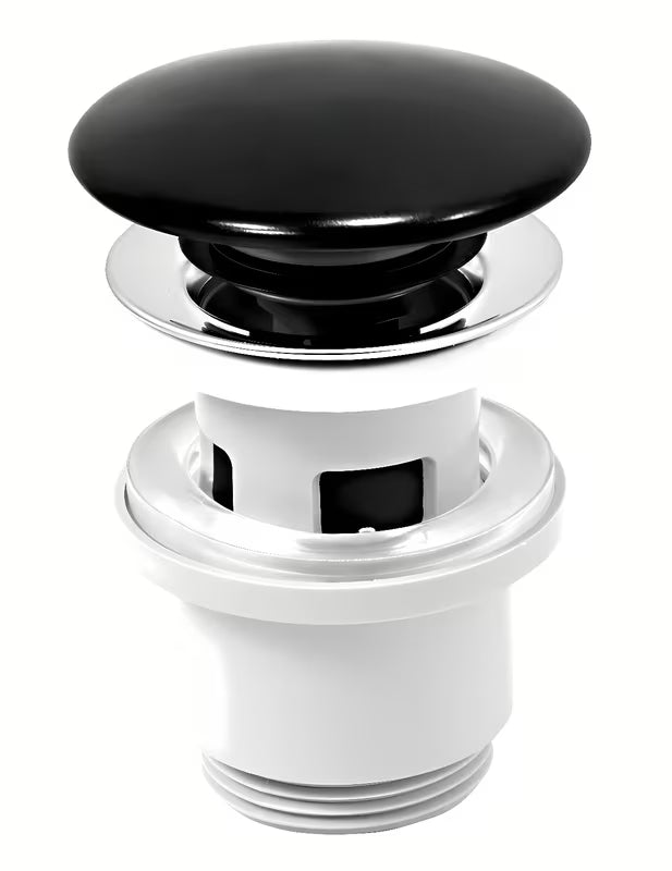 Matowoczarny korek umywalkowy odpływ Novaservis z ceramiczną zaślepką i mechanizmem Click-Clack pro do umywalki z przelewem.