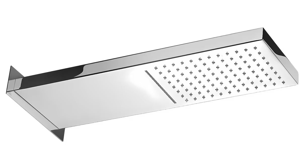 Mosiężna deszczownica Optima Chrome o kwadratowym designie, z dwoma strumieniami, wymiar 53 x 16 cm.