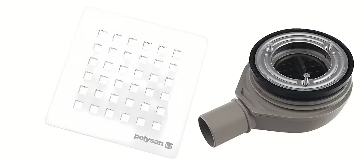 Polysan Flexia syfon do brodzika biały pro otwór odpływowy 90 mm z osłoną ze stali nierdzewnej