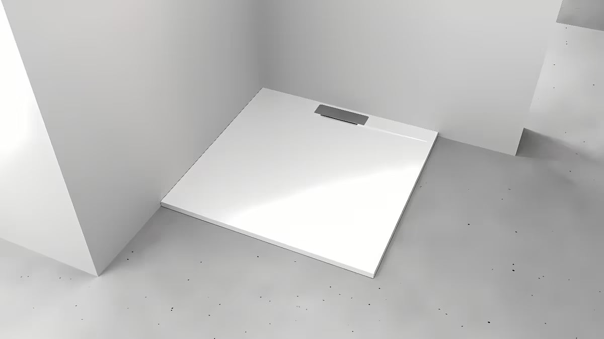 Biały kwadratowy brodzik prysznicowy Polysan Kazuko 90x90 cm z lanego marmuru o niskiej wysokości 3 cm.