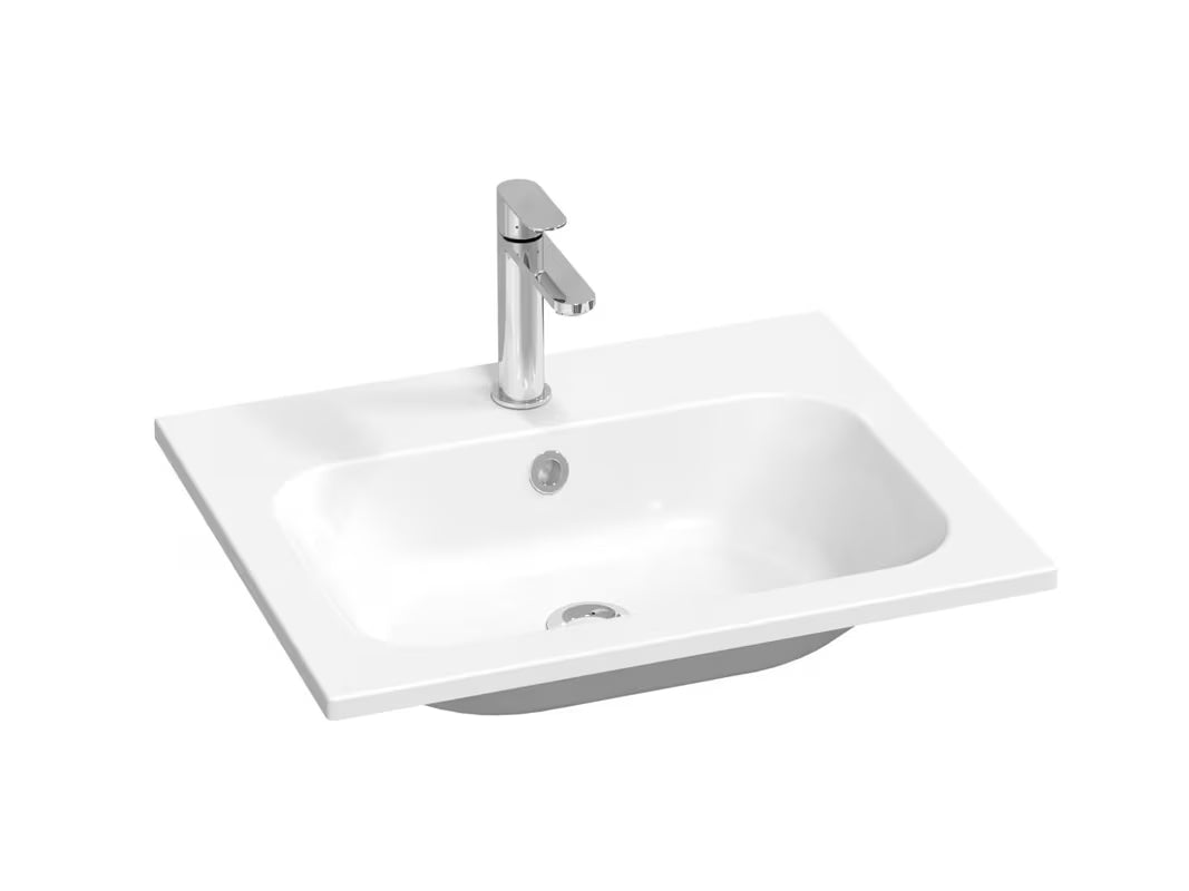 Biała umywalka meblowa Ravak Chrome Slim 60 x 49 cm z lanego marmuru z przelewem