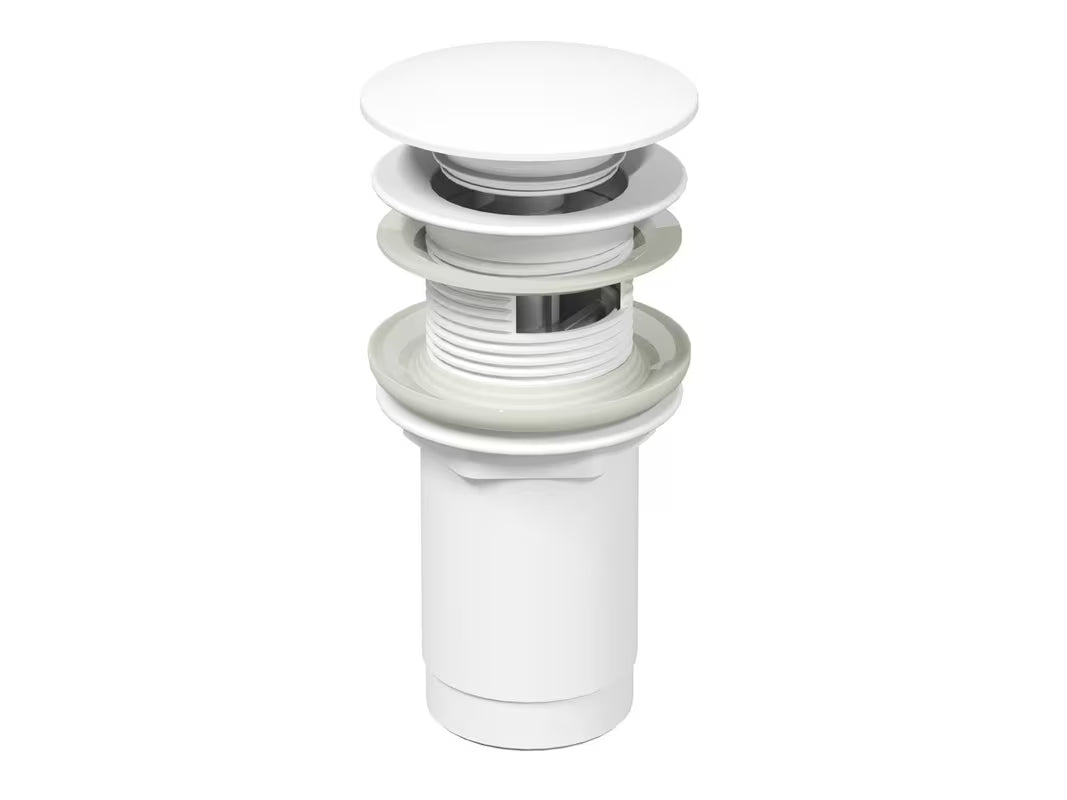 Biały matowy korek umywalkowy odpływ Ravak Click-Clack pro do umywalki z przelewem, średnica górnej części 62 mm.