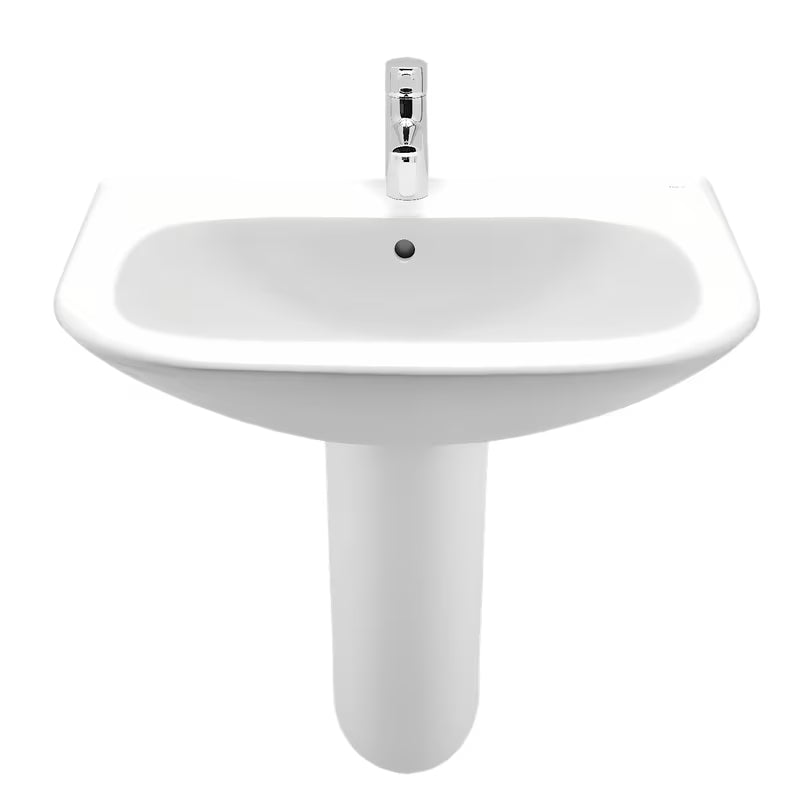 Biała wiszące ceramiczna umywalka Roca Nexo z przelewem i otworem na baterię pośrodku