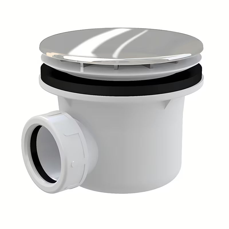 Brodzikowy syfon Roth z osłoną ze stali nierdzewnej w wykończeniu chrom, pro otwór odpływowy 90 mm.
