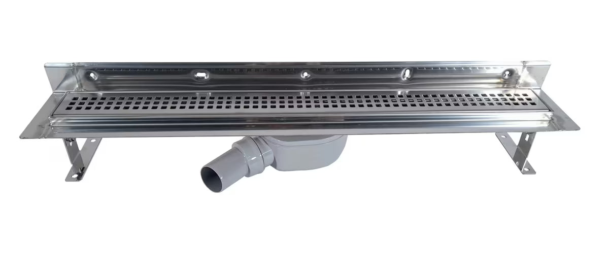 Nierdzewny odpływ liniowy S-Line Klasik 65 cm z rusztem pro montaż ke ścianie, w błyszczącym wykończeniu.