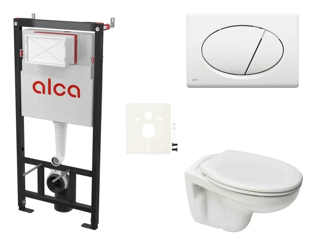 Zestaw WC podtynkowy S-Line Pro z modułem do ścian lekkich, białym przyciskiem spłukującym i deską z duroplastu.