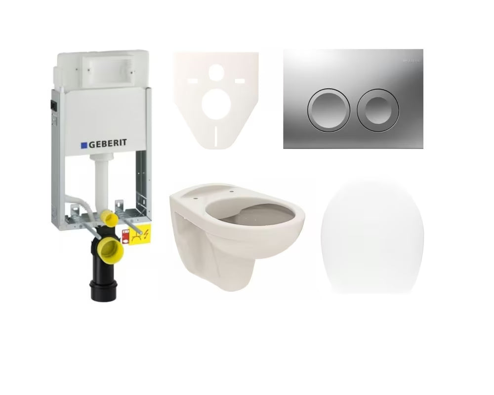 Zestaw WC podtynkowy S-Line Pro z modułem podtynkowym Geberit i przyciskiem spłukującym w matowym chromie.