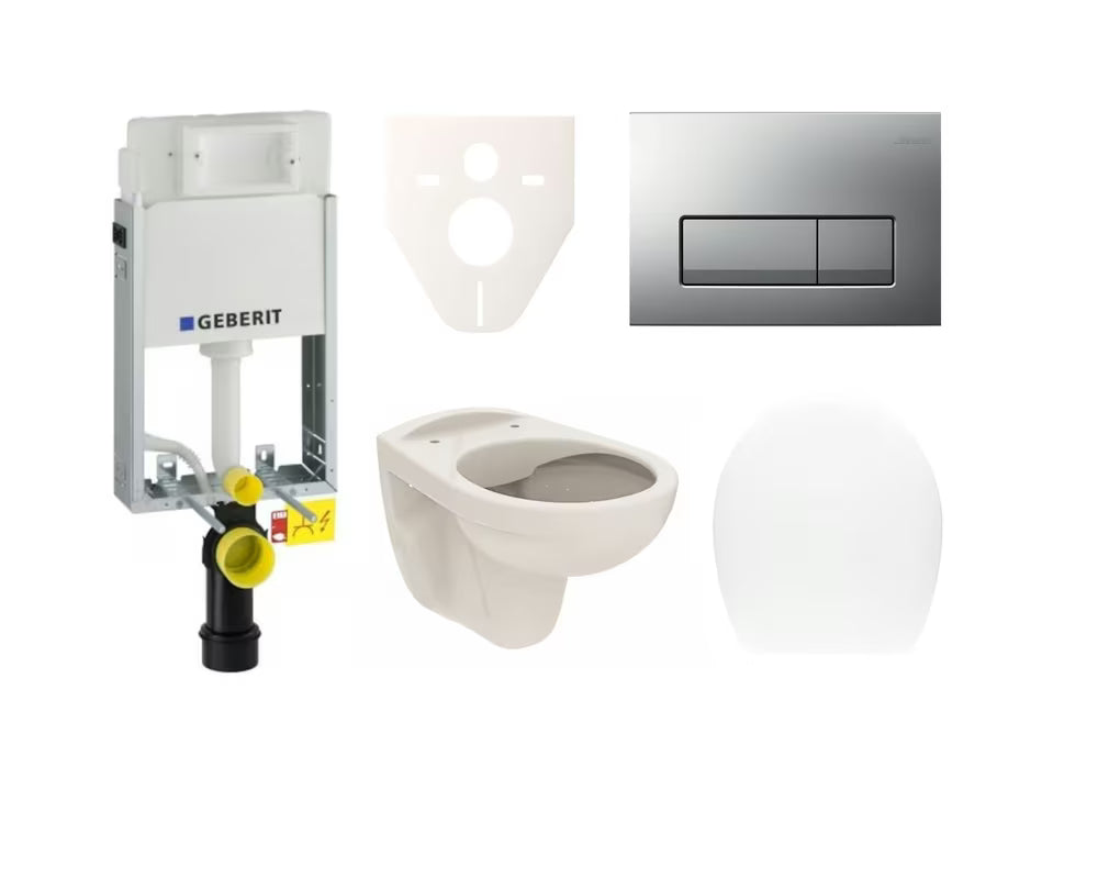 Zestaw WC podtynkowy S-Line Pro z modułem do zabudowy, spłuczką Geberit Kombifix i przyciskiem w matowym chromie.