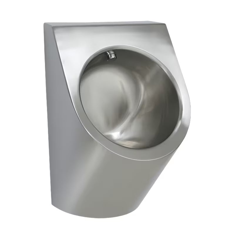 Nierdzewny pisuar Sanela Supersteel z sensorem z ukrytym spłukiwaniem w wykonaniu antywandalowym.