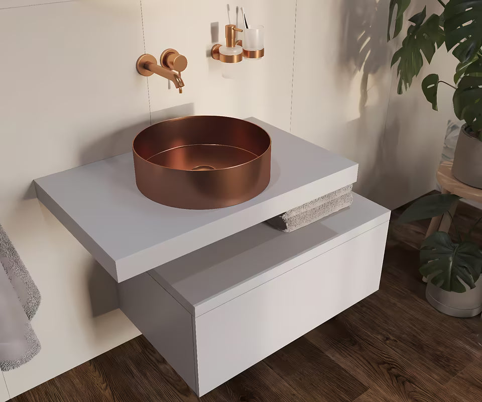 Okrągłe umywalka nablatowa SAT Aurum 38 cm w kolorze szczotkowanym rose gold, z cienkimi ściankami