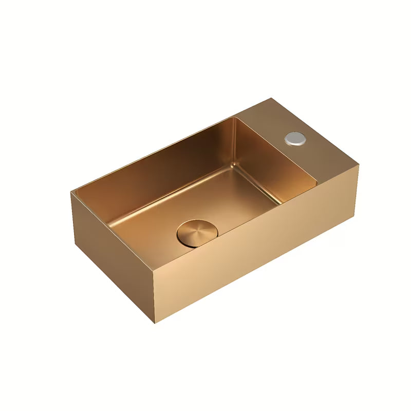 Wiszące umywalka ze stali nierdzewnej SAT Aurum w kolorze różowego złota (rosegold) o wymiarach 40 x 22 cm.