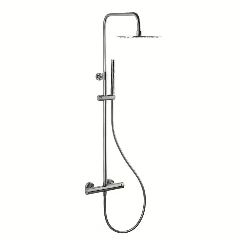 System prysznicowy SAT Aurum z baterią termostatyczną w wykończeniu szczotkowany gun metal z deszczownicą i słuchawką prysznicową.