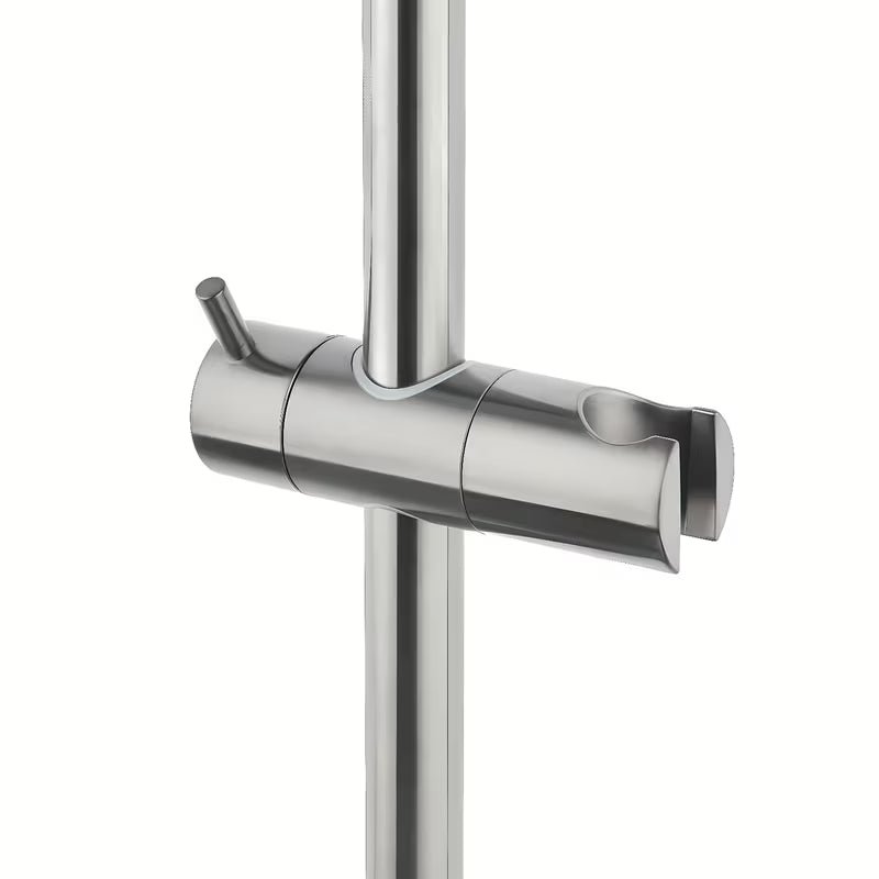 System prysznicowy SAT Aurum z baterią termostatyczną w wykończeniu szczotkowany gun metal z deszczownicą i słuchawką prysznicową.