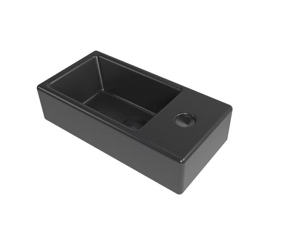 Wiszące ceramiczne mała umywalka SAT Brevis 40,5x20,5 cm w matowej czerni z otworem na pro baterię po prawej stronie.