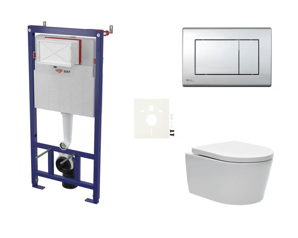 Zestaw WC podtynkowy SAT Brevis ze stelażem podtynkowym, przyciskiem spłukującym w błyszczącym chromie i deską sedesową soft Close