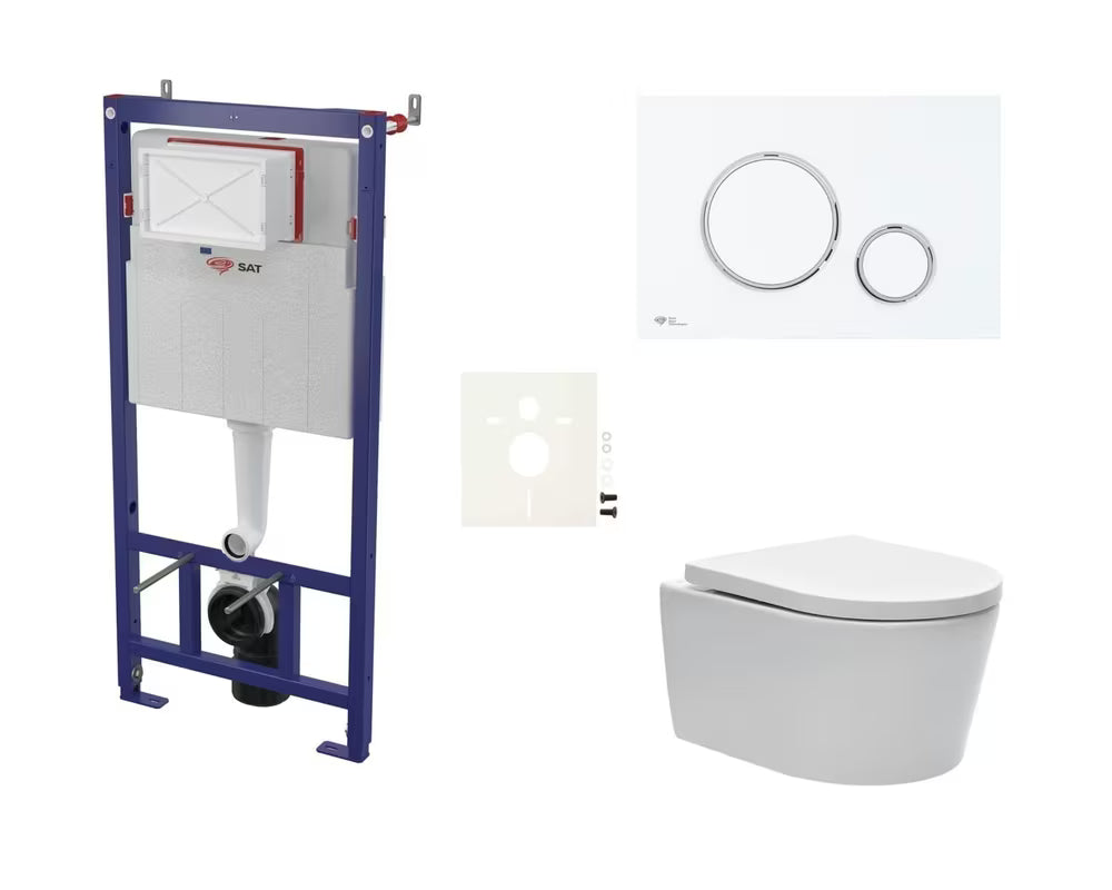 Zestaw WC podtynkowy SAT Brevis ze stelażem podtynkowym, przyciskiem spłukującym i deską soft Close oraz EasyLock.