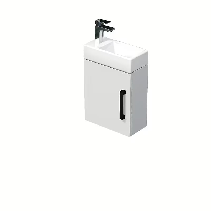 Wisząca szafka łazienkowa SAT Cube Way 1 z ceramiczną umywalką w białym połysku z czarnym uchwytem.