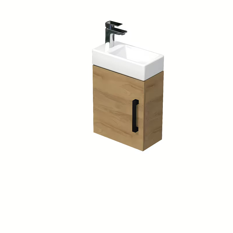 Wisząca szafka łazienkowa SAT Cube Way z ceramiczną umywalką w dekorze dąb hickory i z czarnym uchwytem.