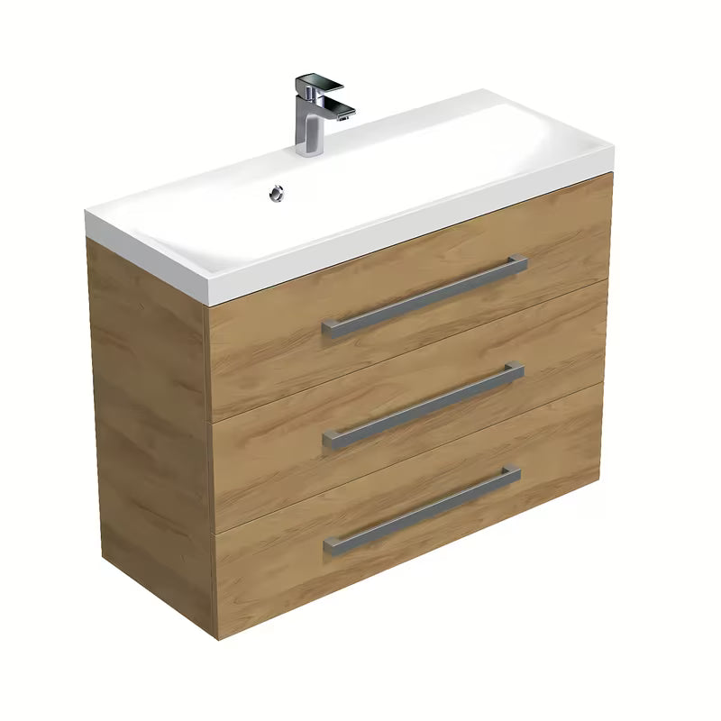 Wisząca szafka łazienkowa z umywalką SAT Cube Way w dekorze dębu hickory, 100x71x40 cm.