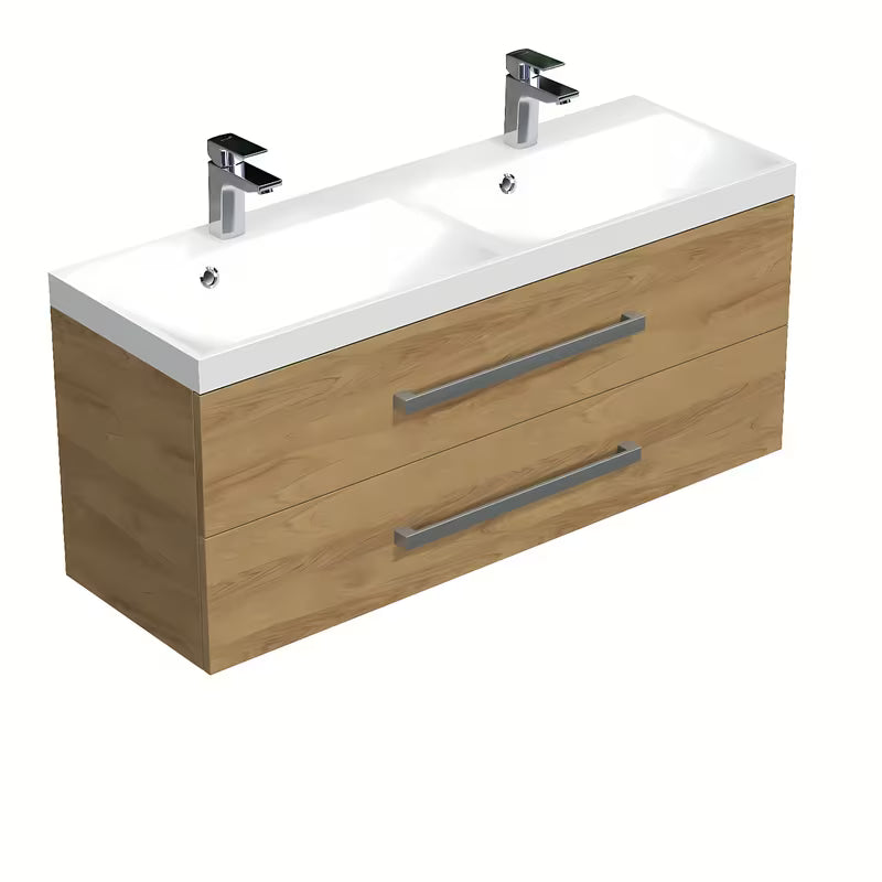 Wisząca szafka łazienkowa SAT Cube Way z umywalką z lanego marmuru w dekorze dębu hickory