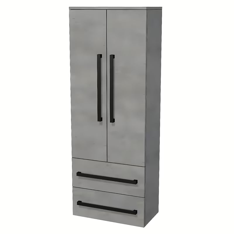 Wisząca wysoka szafka łazienkowa SAT Cube Way w dekorze imitacji betonu 60x163x33 cm z chromowanymi uchwytami.