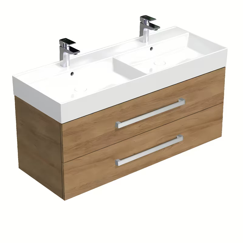 Wisząca szafka łazienkowa z umywalką ceramiczną SAT Cube Way w dekorze dąb hickory