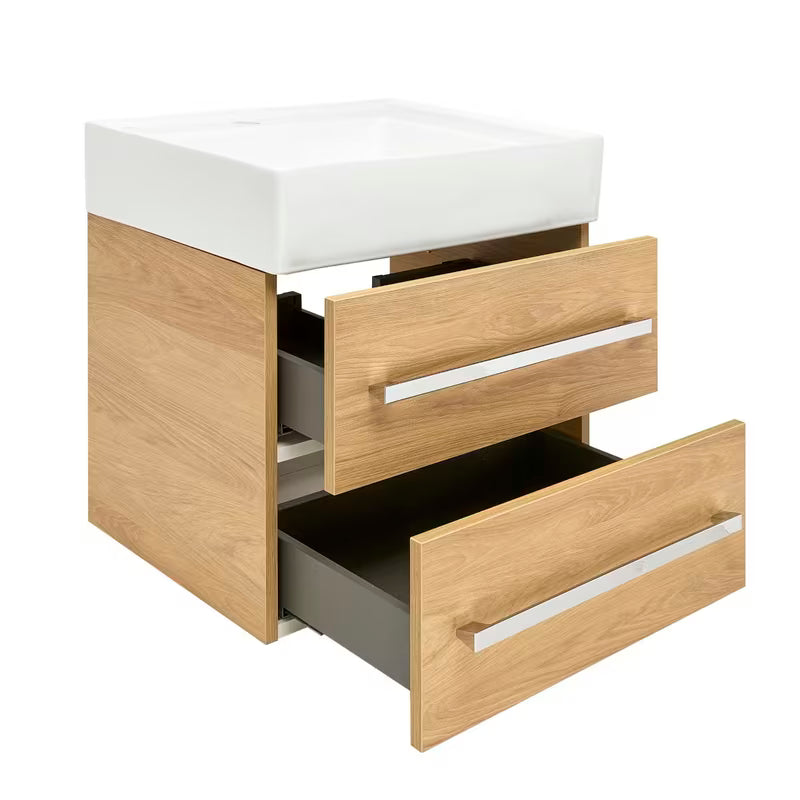 Wisząca szafka łazienkowa z umywalką ceramiczną SAT Cube Way w dekorze dąb hickory