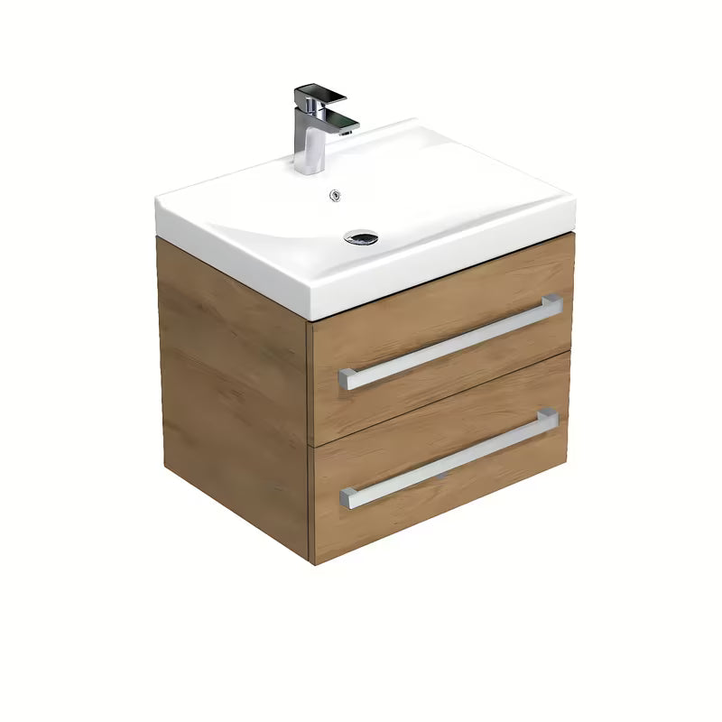 Wisząca szafka łazienkowa z umywalką ceramiczną SAT Cube Way w dekorze dąb hickory