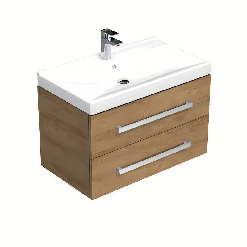 Wisząca szafka łazienkowa SAT Cube Way z umywalką ceramiczną w dekorze dąb hickory