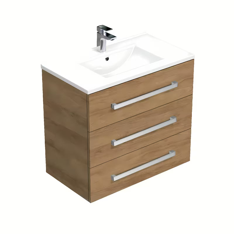Wisząca szafka łazienkowa SAT Cube Way z umywalką ceramiczną w dekorze dąb hickory