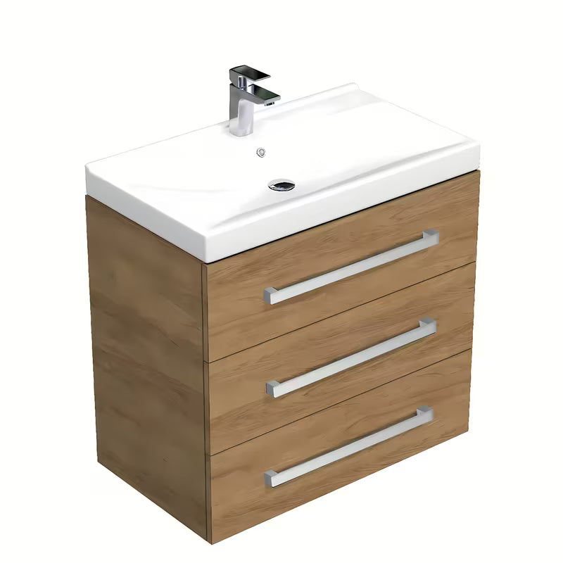 Wisząca szafka łazienkowa SAT Cube Way z umywalką ceramiczną w dekorze dąb hickory