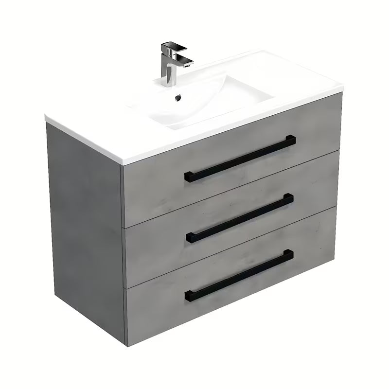Wisząca szafka łazienkowa SAT Cube Way z umywalką ceramiczną w dekorze imitacji betonu i czarnymi uchwytami.