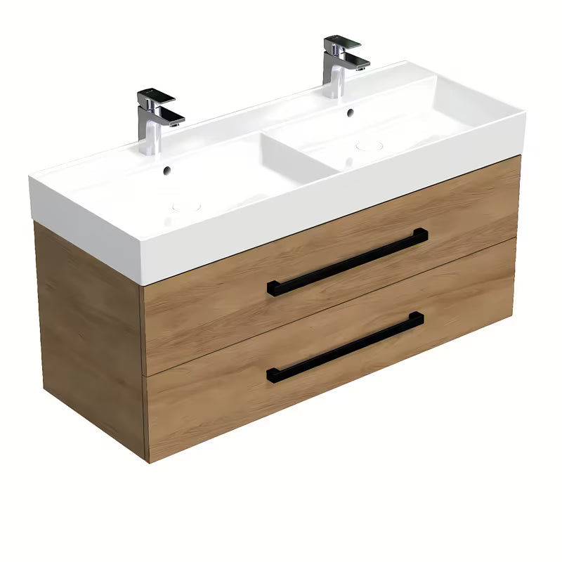Wisząca szafka łazienkowa z umywalką ceramiczną SAT Cube Way w dekorze dąb hickory