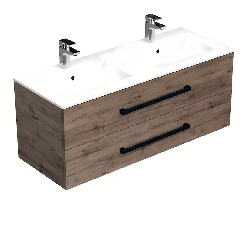 Wisząca szafka łazienkowa SAT Cube Way z ceramiczną umywalką podwójną w dekorze dębu Wellington