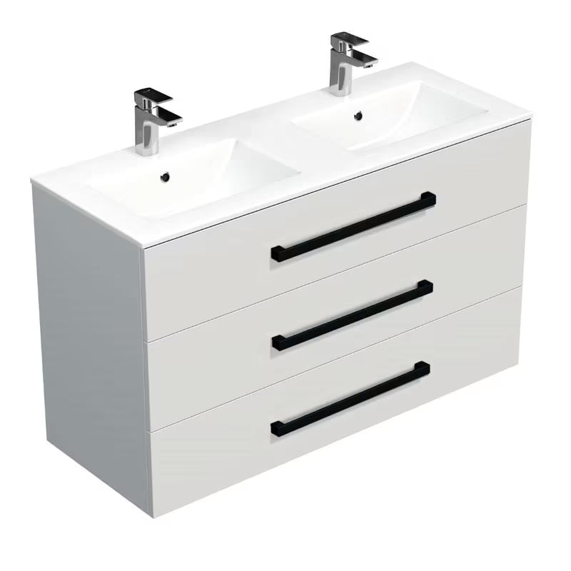 Wisząca szafka łazienkowa SAT Cube Way z umywalką ceramiczną w białym połysku i czarnymi uchwytami