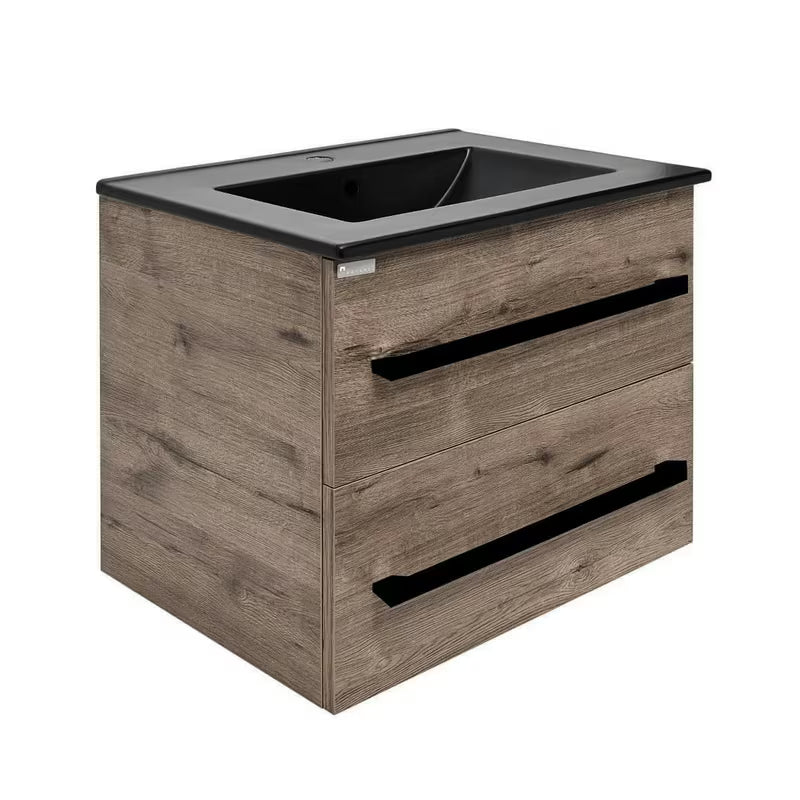 Wisząca szafka łazienkowa SAT Cube Way z umywalką ceramiczną w dekorze dąb Wellington i czarnymi uchwytami.