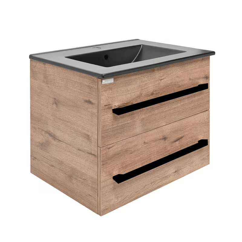 Wisząca szafka łazienkowa SAT Cube Way z umywalką ceramiczną w dekorze dąb Wellington i czarnymi uchwytami.