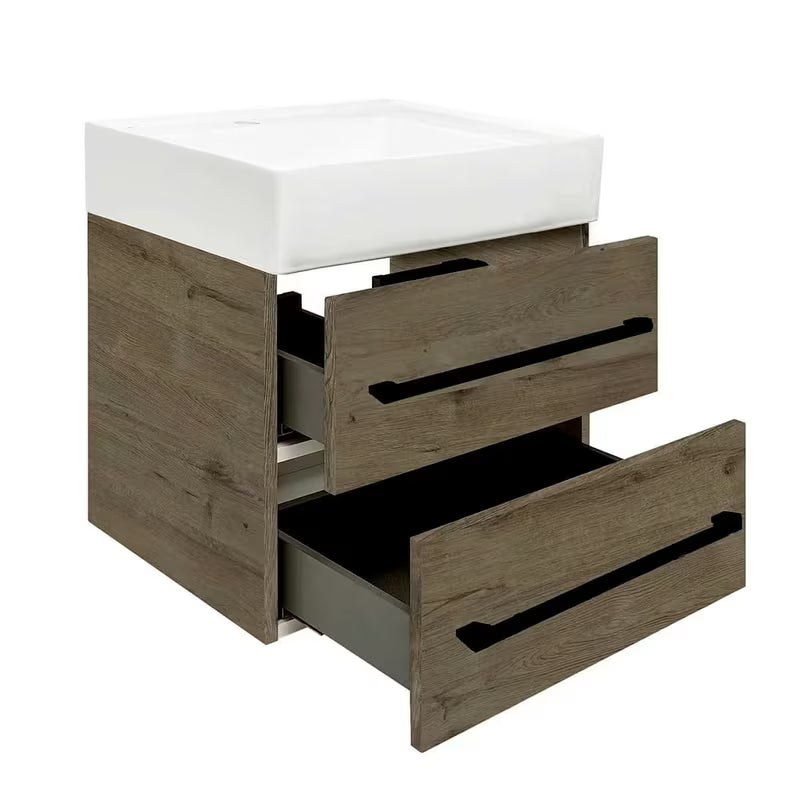 Wisząca szafka łazienkowa z umywalką ceramiczną SAT Cube Way w dekorze dąb Wellington