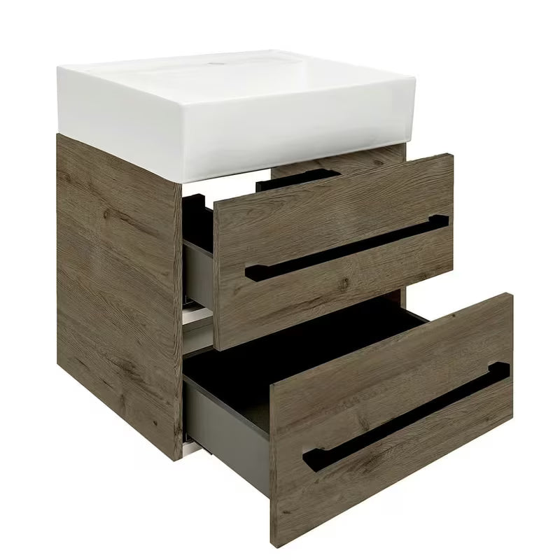 Wisząca szafka łazienkowa SAT Cube Way z umywalką ceramiczną w dekorze dębu Wellington